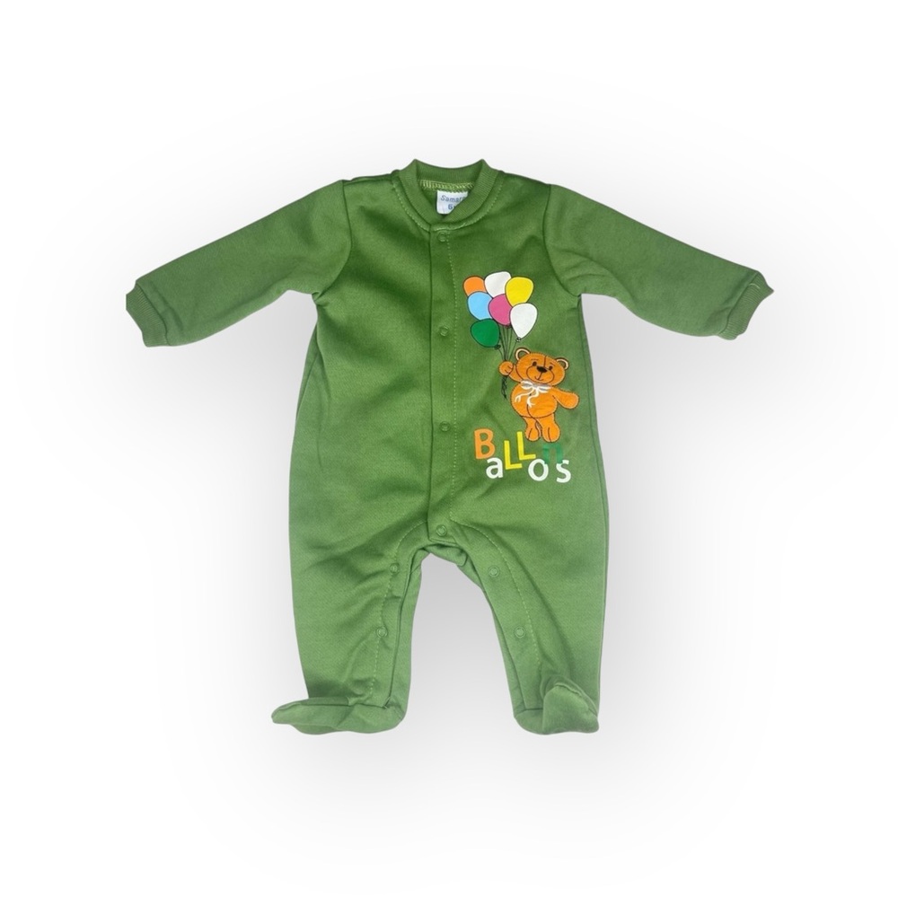 new Samara ܫ Footed Onesie Playsuit Teddy Bear Balloon Appliqué ܫ Sage Green 6MO